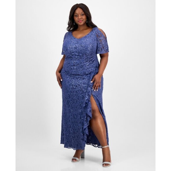 Alex Evenings V-Neck Ruffle-Trim-Slit Sequin Dress Blue Plus Size 18W MSRP $239